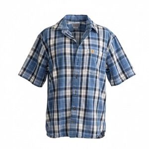 Carhartt Relaxed Fit Plaid Button Up Short‎ Sleeve Shirt Blue White Mens L